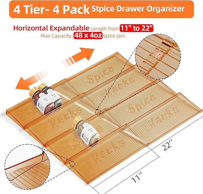 MUDEELA Clear Spice Drawer Organizer, 4 Tier- 4 Set (8 Packs) Spice Rack for Drawer, Expandable From 11" to 22" Kitchen Seasoning Organizers and Storage for Drawer (Jars not included), Amber