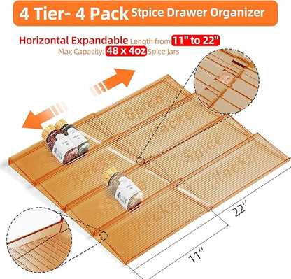 MUDEELA Clear Spice Drawer Organizer, 4 Tier- 4 Set (8 Packs) Spice Rack for Drawer, Expandable From 11" to 22" Kitchen Seasoning Organizers and Storage for Drawer (Jars not included), Amber