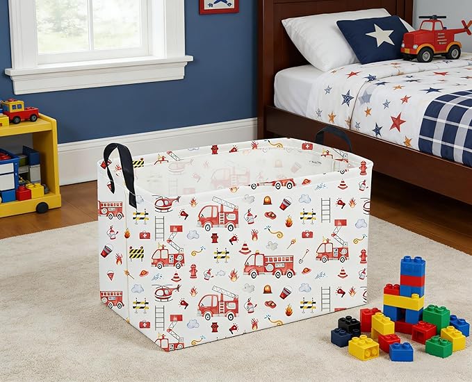 Sanjiaofeng Rectangular Fire Engine Storage Basket,Kids Toy Storage Bin,Nursery Hamper,Kids Storage Basket with Handles,Home Organizer,Books Box,Gift Baskets,Car Room Decor(Fire Engines)