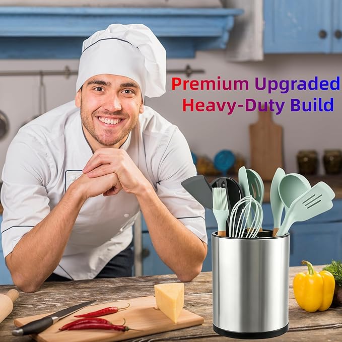LIBODOUR Kitchen Utensil Holder Extra Large 360°Rotating For Counter Organizer Stainless Steel Storage Cooking Silverware Caddy 3 Compartment Flatware Spoon Spatula Tool Cutlery Container（Silvery）