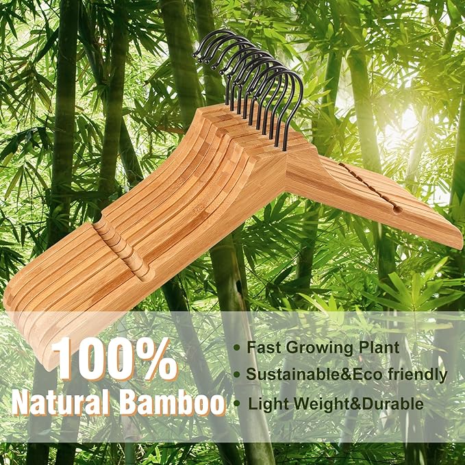 TOPIA HANGER Bamboo Wooden Hangers, Clothes Hangers with Rotatable Black Hook and Smooth Cut Nothces, Set of 20 Durable and Slim Wood Hangers for Coats, Suits, Jackets, Sweaters, Dresses - CTS08