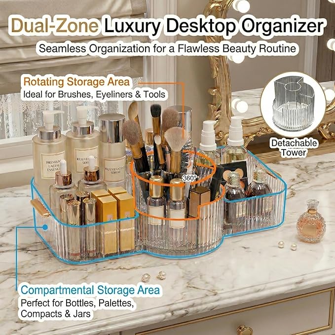 Rotating Makeup Organizer Countertop for Vanity, Cologne Organizer for Men, 360° Spinning Cosmetic Display Case with Brush Holder, Premium Handles, Acrylic Skincare Storage for Bathroom Countertop