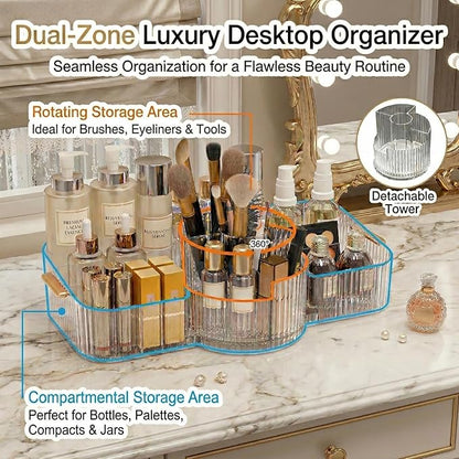 Rotating Makeup Organizer Countertop for Vanity, Cologne Organizer for Men, 360° Spinning Cosmetic Display Case with Brush Holder, Premium Handles, Acrylic Skincare Storage for Bathroom Countertop