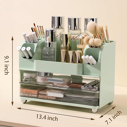 Anyoifax Makeup Organizer Countertop with Large Drawers, Vanity Organizer with Brush Holder, Skin Care Storage for Dresser, Perfume Organizer for Lotion, Lipsitck, Palette, Green