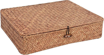 Moosky Flat Wicker Shelf Baskets with Lid, Handwoven Seagrass Basket Boxes for Storage Baskets Bins Home Decor Organizer (Coffee Large)