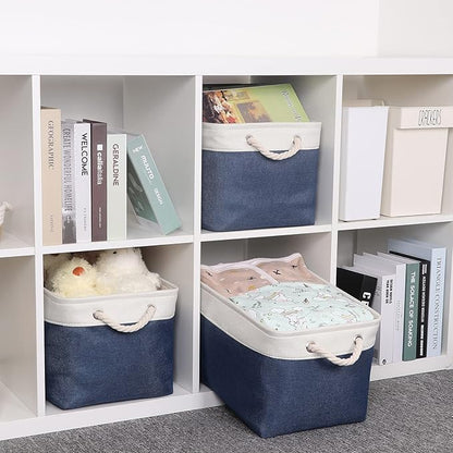 Bidtakay Storage Baskets Collapsible [3-Pack] Decorative Storage Bins with Cotton Rope Handles 15 X 11 X 9.5 Inch Organizing Baskets for Shelves Clothes Closet Navy Blue Baskets for Gifts Empty