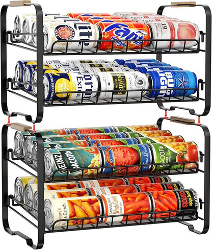 MAXIFFE 2-Tier Can Organizer for Pantry, 16.9"W × 11.5"D × 16.7"H, Stackable Metal Adjustable Hold 40 Cans Rack Storage Holder Dispenser for Soda Drinks Fruits, for Kitchen Countertop, 2 Pack Black