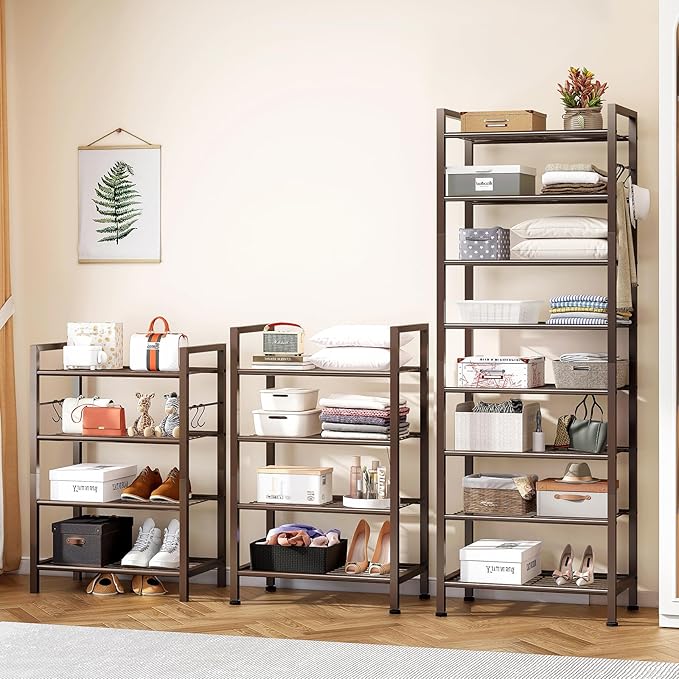usikey 8 Tiers Narrow Shoe Rack 16-24 Pairs, Sturdy Metal Tall Shoe Rack with 4 Hooks, Slim Shoe Storage Organizer with Metal Shelf, Space Saving Vertical Shoe Shelf for Entryway BronzeUNYXJX016A