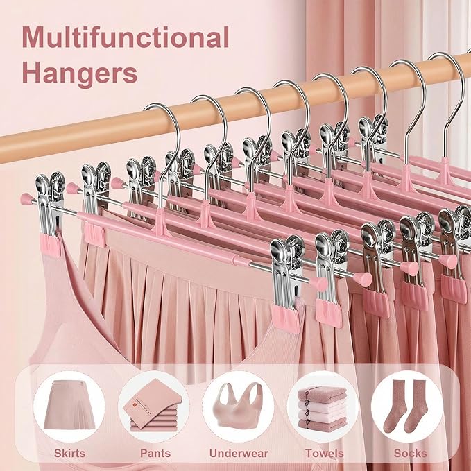 POZEAN Pants Hangers with Clips for Women 50 Pack, 12Inch Adjustable Heavy Duty Skirt Hangers, Space Saving Non-Slip Shorts Jeans Trousers Clothes Hangers, Pink