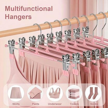POZEAN Pants Hangers with Clips for Women 50 Pack, 12Inch Adjustable Heavy Duty Skirt Hangers, Space Saving Non-Slip Shorts Jeans Trousers Clothes Hangers, Pink