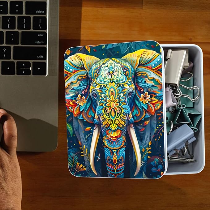 Metal Tin Box Sturdy Metal Storage Box with Lid, Large Container Holder for TCG Cards,Car Keys,Cookies,Tin Containers for Gift,5.0x3.7x1.6 Inch,Exquisite Pattern Design(Flower Elephant)