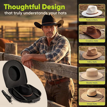 Cowboy Hat Travel Case, Hard-Shell Crushproof Box w/Adjustable Strap, Large Carrier Fits 1–3 Cowboy/Fedora/Panama Hats, Magnetic Closure, Pocket, Black