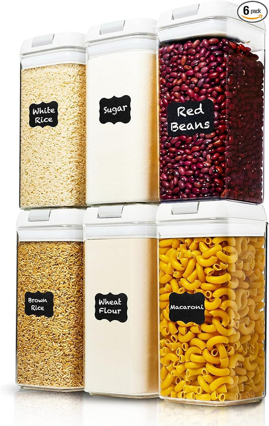 Shazo Airtight Food Storage Containers with Lids - 6 PC BPA Free Clear Plastic Cereal Containers with Easy Lock Lids for Kitchen and Pantry Organization for Snacks and Pasta - 1.2 L
