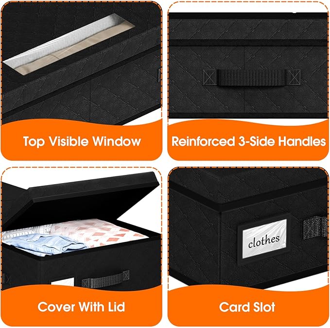 StoreHappily Under Bed Storage Containers with Lids - 2 Pack, Foldable and Stackable Clothes Storage Bags with Clear Window, 3-Sided Handles and Label Slot for Clothing, Blankets, Pillows (Black)