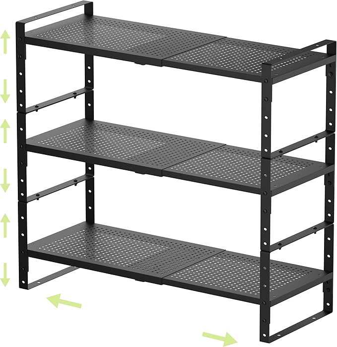 Expandable Shoe Rack Heavy-Duty Closet Organizer Adjustable Shelf Stackable Metal Framework for Entryway, Garage,RV,Pantry,Cabinet(Large,3 Packs/Black)