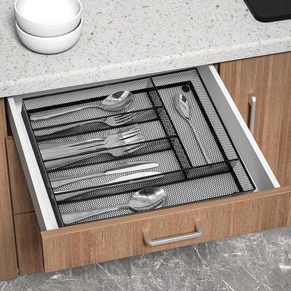 Neudeco Silverware Drawer Organizer - 5 Compartment Cutlery Tray with Non-Slip Feet, Mesh Wire Flatware Storage Divider for Kitchen, Bedroom, Living Room (Black)