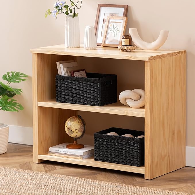 joybest Black Wicker Baskets for Shelves, 13.4L x 8.3W x 7.1H inch Hand-woven Storage Baskets for Pantry Organizing, Foldable Rectangular Bin with Handles, 2-pack