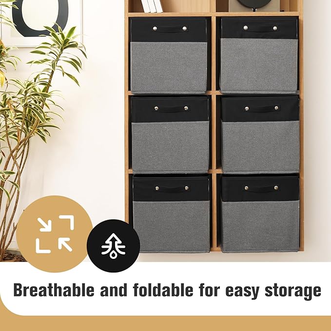 FinishingBo 13 x 13 Inch Fine Linen Storage Bins with Handles，Fabric Cube Boxs，Basket Organizers for Shelves for Home, Closet Drawers (Black/Gray-6 Pack)