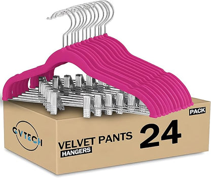 GVTECH Velvet Hangers with Clips, [24 Pack] Metal Clip Hangers for Pants - Notched Skirt Hangers for Pants, Skirts, Suit, Dresses & Shirts 360° Swivel Hook, Non Slip Felt Hanger (Pink, 24 Pack)