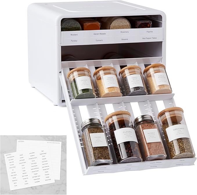 YouCopia SpiceStack® Adjustable Spice Rack Organizer, Pull-Down 24-Bottle Seasonings and Spices Holder for Kitchen Cabinet and Pantry Organization with 104 Included Labels | Adjustable