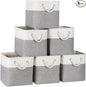 Temary 11 Inch Cube Storage Bins - 6 Pack Foldable Fabric Storage Baskets with Soft Rope Handles, Sturdy Organizer Cubes with Metal Frame for Shelves, Closet, Office & Home Organization (White&Grey)