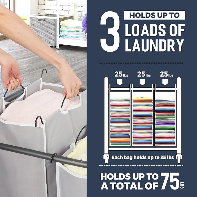 STO STO Laundry Sorter 3 Section, 3 Bag Clothes Hamper, Rolling Laundry Cart Basket with Heavy Duty Lockable Wheels and Removable Bag for Laundry Room, Bedroom, Closet, Gray