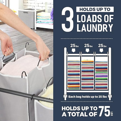 STO STO Laundry Sorter 3 Section, 3 Bag Clothes Hamper, Rolling Laundry Cart Basket with Heavy Duty Lockable Wheels and Removable Bag for Laundry Room, Bedroom, Closet, Gray