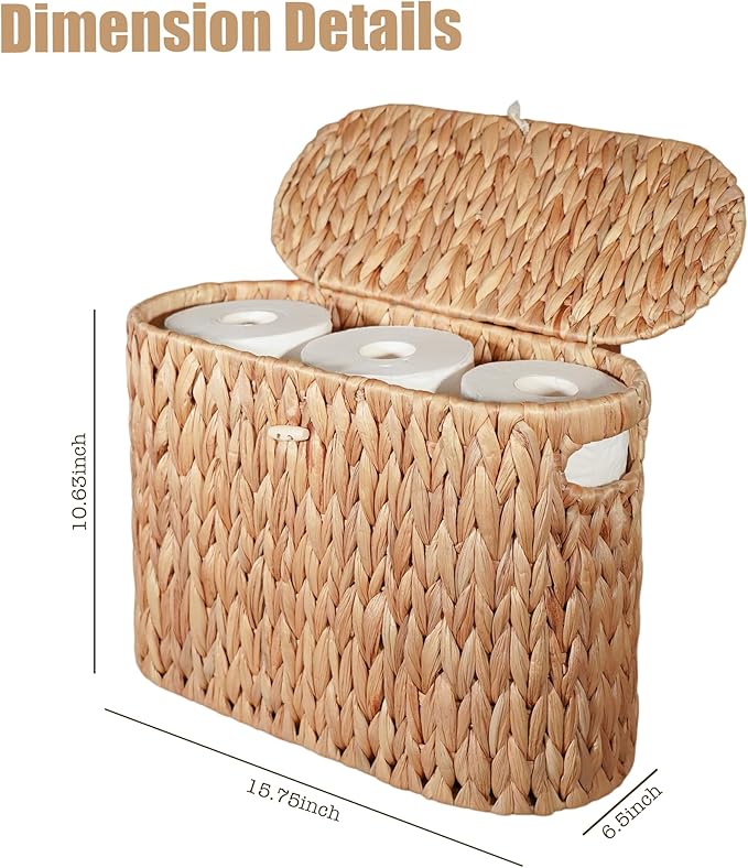 PINXIURY Water Hyacinth Toilet Paper Storage Basket, Bathroom Toilet Organizer with Lid, Woven Toilet Paper Holder for 6 Mega Rolls Bathroom Storage, Magazine Holder for Office, Bedroom