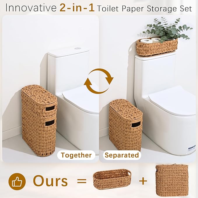 Livole 2-in-1 Toilet Paper Basket with Lid Toilet Paper Storage - 16 Regular Rolls or 12 Mega Rolls Woven Plastic Rattan Waterproof Toilet Paper Organizer for Bathroom, Natural