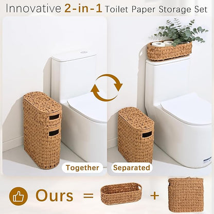 Livole 2-in-1 Toilet Paper Basket with Lid Toilet Paper Storage - 16 Regular Rolls or 12 Mega Rolls Woven Plastic Rattan Waterproof Toilet Paper Organizer for Bathroom, Natural