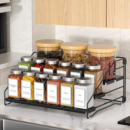BOIVSHI 4 Tier Spice Rack for Cabinet, Spice Rack Organizer, Depth Adjustable Spice Holder for Countertop, Cupboard, Pantry, Seasoning Shelf, Metal, Black (1 Pack)