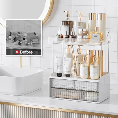 Delamu Bathroom Organizers and Storage, 2 Tier 2 Drawer Makeup Organizer Countertop, Easy to Install, Ideal for Bathroom Counter, Vanity, Ideal for Women Girls, Clear 2Pack