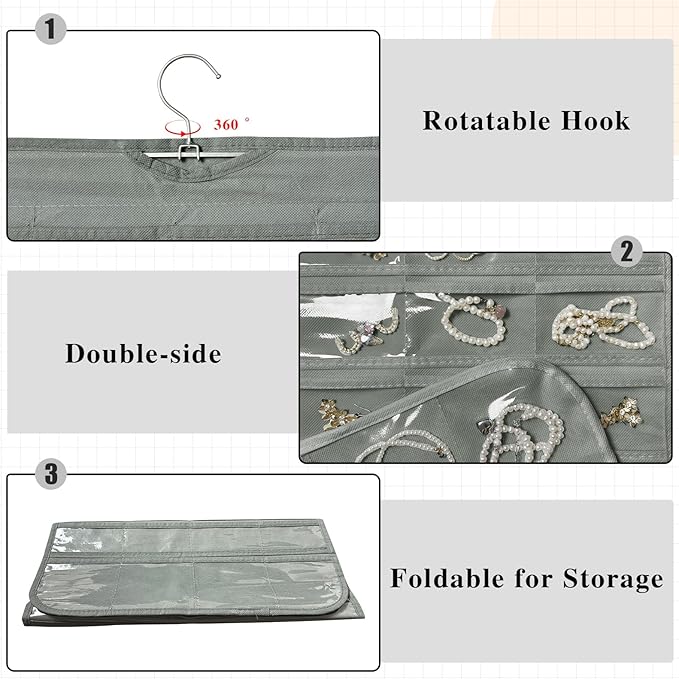 2 Pack Hanging Jewelry Organizer 80-Pocket Dual-sided Jewelry Storage for Earring Necklace Bracelet Ring Travel Holder, Gray