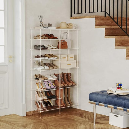 Aquiver 9 Tiers Acrylic Shoe Rack - Large Capacity Two Rows Shoe Organizer - Tall Boot Storage Shelf for Entryway, Closet, Garage, Bedroom, 28-32 Pairs, 36.2'' L x 11.8'' W x 59.6'' H