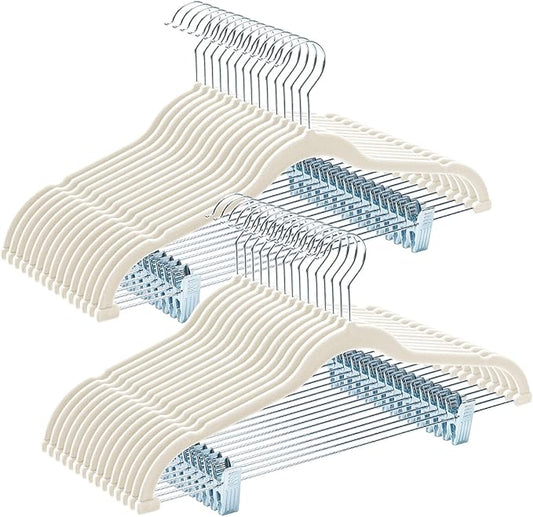 HOUSE DAY Velvet Hangers with Adjustable Clips 30 Pack, Non-Slip Suit Organizer with 360° Hook - Heavy Duty Hanger for Pants, Skirts, Blouses, Dresses - Outfit Hangers All-Season Space Saver (Ivory)
