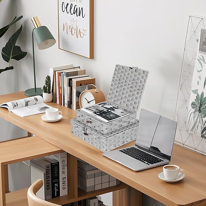 Plastic Wicker Storage Baskets with Lids, 2-Pack Woven Rattan Organizer Bins with Locking Button, Decorative Flat Storage Boxes, 11"x9.25"x2.75" & 13"x11.2"x3.5", Gray