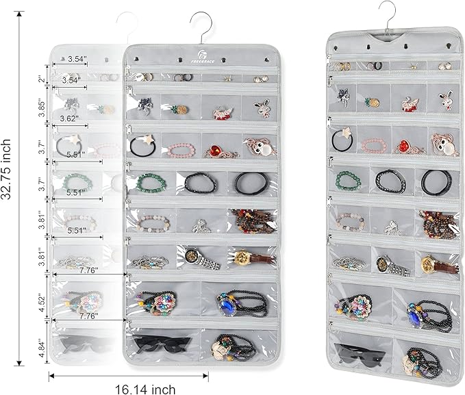 Hanging Jewelry Organizer with 50 Transparent Pockets, 360 Rotating Hanger & Secure Zipper Closure - Foldable Double Sided Jewelry Storage Bag for Earrings, Rings, Necklaces, Bracelets (Gray)