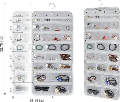 Hanging Jewelry Organizer with 50 Transparent Pockets, 360 Rotating Hanger & Secure Zipper Closure - Foldable Double Sided Jewelry Storage Bag for Earrings, Rings, Necklaces, Bracelets (Gray)