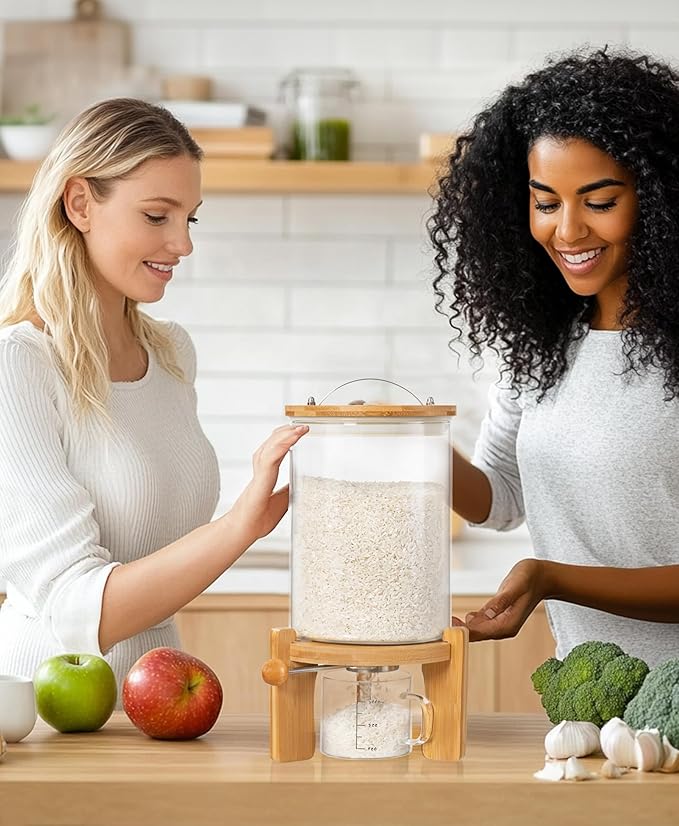 HBlife Glass Rice Dispenser with Wooden Stand Flour and Cereal Container with Glass Measuring Cup Pantry Food Organization Storage Bin with Airtight Bamboo Lid, 3L+5L