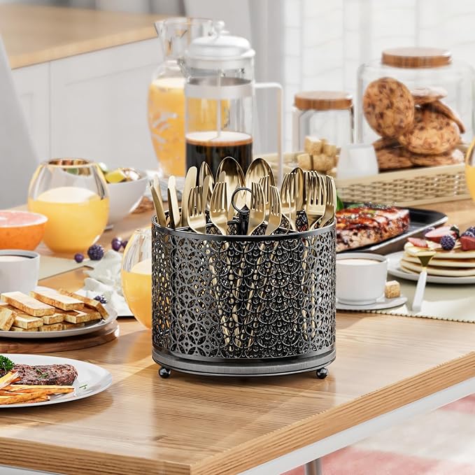 OVICAR 360° Rotating Utensil Holder Caddy - Fast-Drying Silverware Flatware Organizer - 4 Compartment Large Cutlery Holder with Handle For Kitchen Countertop Party Office Picnic Table Black