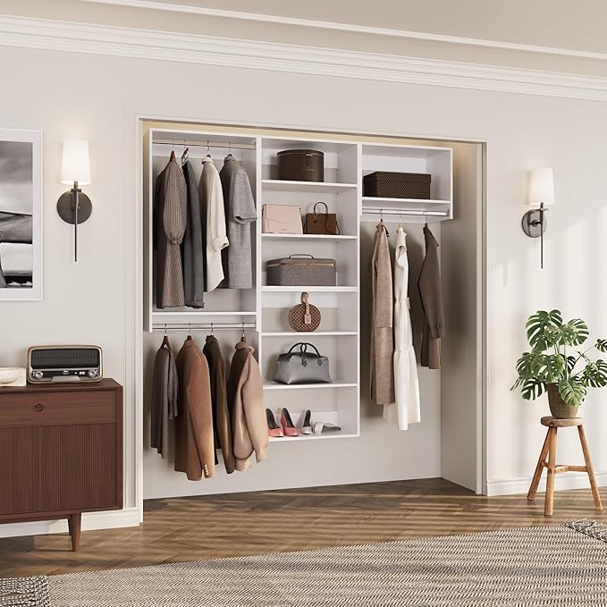 ROOMTEC Modular Closet System, 78" Wall-Mounted Closet Organizer with Hanging Rods, Modern Wooden Tower for Walk-In Closets, Wardrobe Storage Kit, White