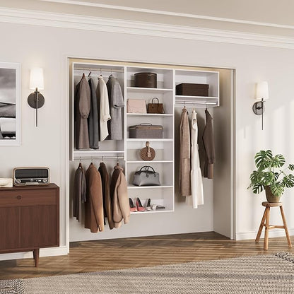 ROOMTEC Modular Closet System, 78" Wall-Mounted Closet Organizer with Hanging Rods, Modern Wooden Tower for Walk-In Closets, Wardrobe Storage Kit, White