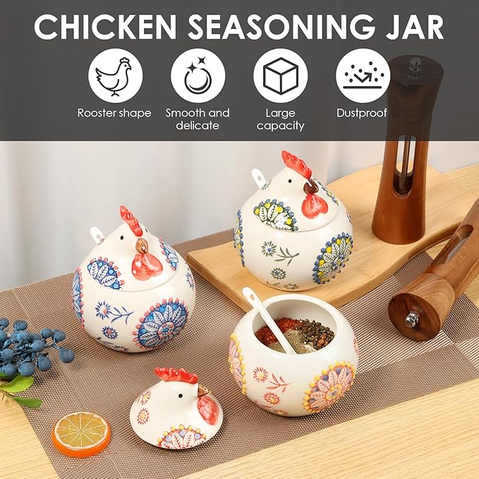 3 Pack Ceramic Salt Cellar with Lid and Spoon, 13.5oz Salt Container Kitchen Countertop Salt Holder Spice Jar for Sugar, Pepper, Seasonings