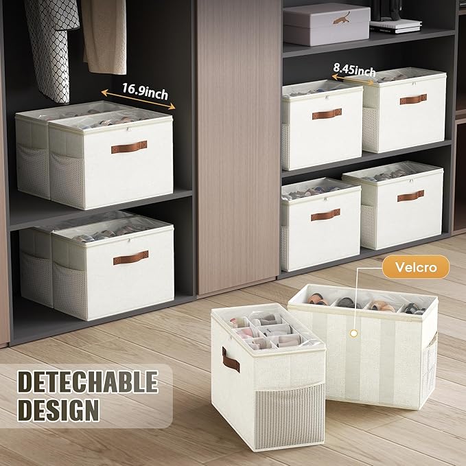 Budding Joy 2 Pack Shoe Organizer for Closet, Clear Foldable Shoe Storage Containers Adjustable Dividers Fits 16 Pairs,Shoe Storage Bins Baskets Boxes with Reinforced Handles Beige