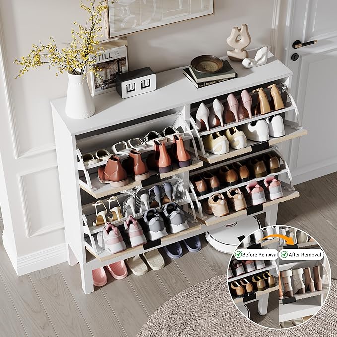 IDEALHOUSE Shoe Storage Cabinet with 4 Flip Drawers, Farmhouse Fluted Shoe Organizer with Metal Legs, Freestanding Hidden Slim Narrow Shoe Rack for Entryway, Foyer, Hallway