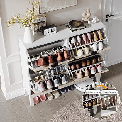 IDEALHOUSE Shoe Storage Cabinet with 4 Flip Drawers, Farmhouse Fluted Shoe Organizer with Metal Legs, Freestanding Hidden Slim Narrow Shoe Rack for Entryway, Foyer, Hallway