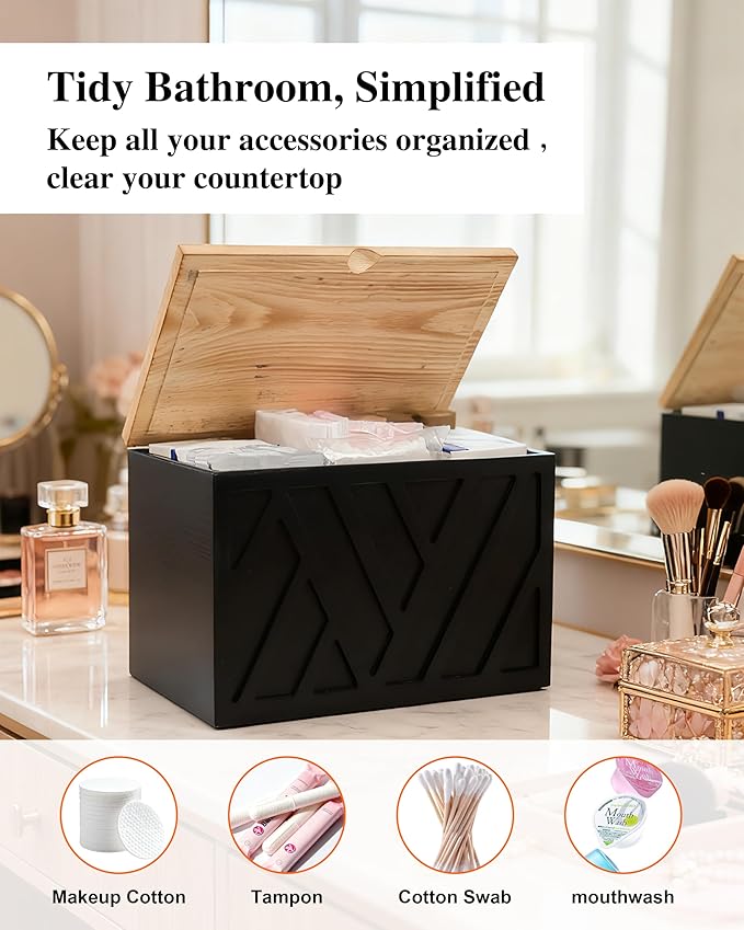 Tampon Holder for Bathroom Decor Feminine Product Organizer With Lid Shark Week Box Wooden Pad Girl Stuff Box (BLACK, lid) (1, BLACK)