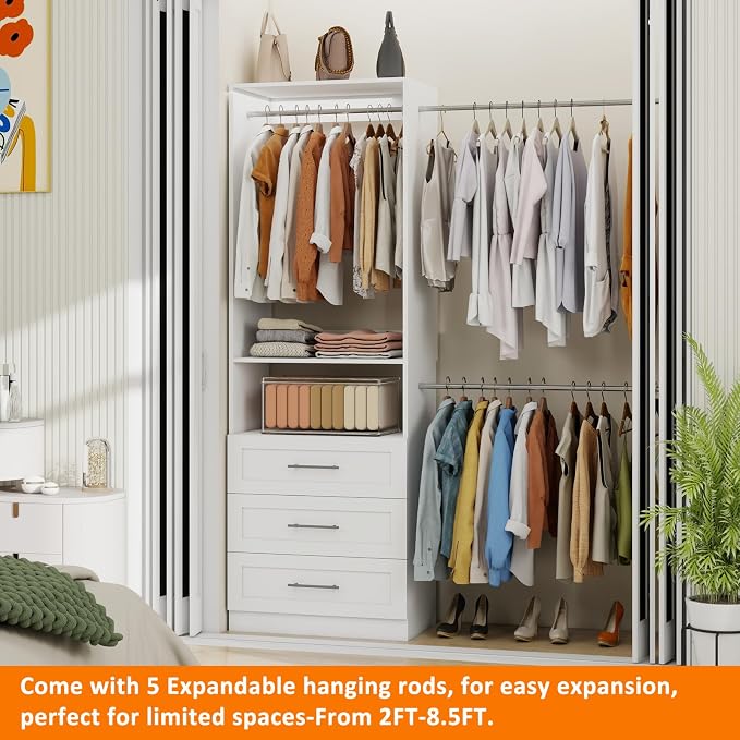 5–9FT Closet System with 3 Wood Drawers, Closet Organizer System with 5 Expandable Hanging Rods, Walk-in Closet System with Shelves, Wall Mounted Built-in Closet Organization System
