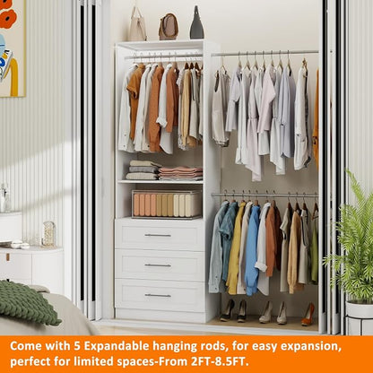 5–9FT Closet System with 3 Wood Drawers, Closet Organizer System with 5 Expandable Hanging Rods, Walk-in Closet System with Shelves, Wall Mounted Built-in Closet Organization System