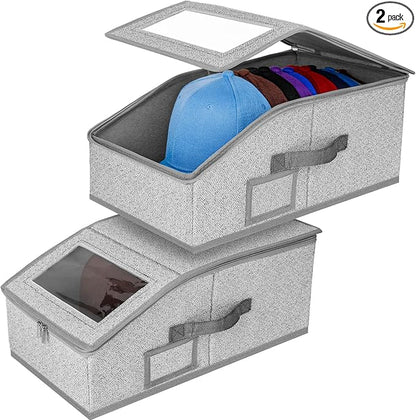 ‌Portable Hat Storage Box Organizer | Large Capacity Foldable Cap Holder with Clear Window | Space-Saving Closet Accessory for Baseball Caps, Beanies & Sun Hats‌ (2 Pack)